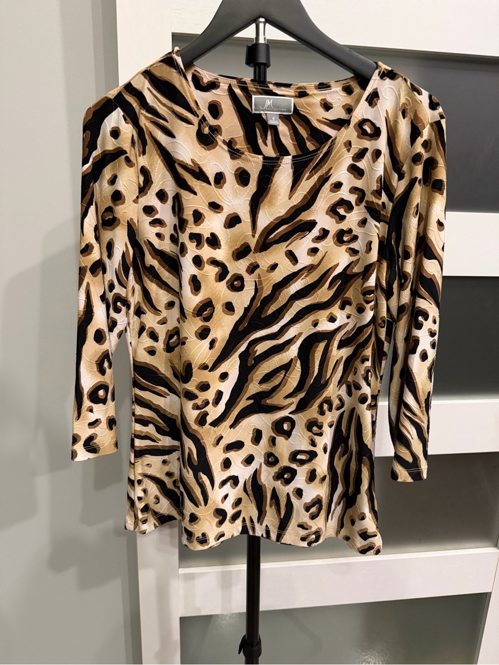 JM Collection Beige and Black Animal Print Long Sleeve Scoop Neck Top